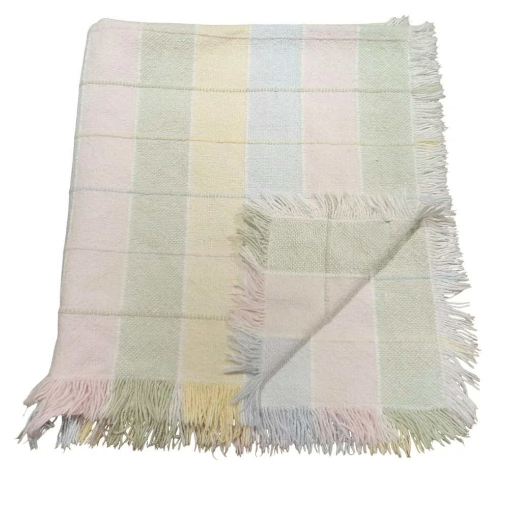 Vintage Plaid Woven Throw Blanket Pastel Fringe Trim Cottagecore Nursery